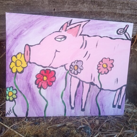 Pig In Flowers Folk Art Painting - Picture 7 of 15